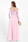 Flowy Chiffon Lace off the shoulder Bridesmaid Dress Long sleeves Formal Evening Party Dresses
