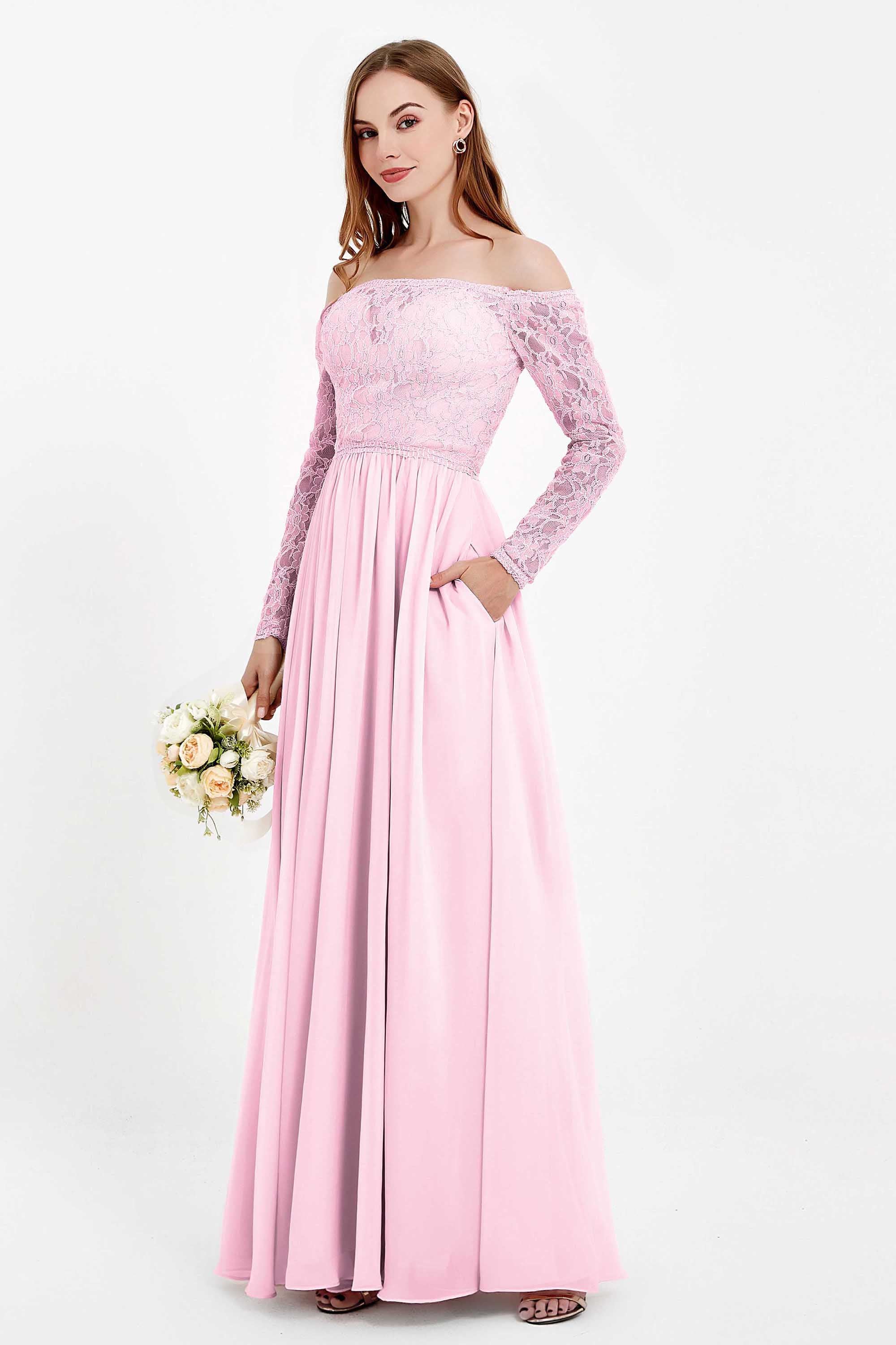 Flowy Chiffon Lace off the shoulder Bridesmaid Dress Long sleeves Formal Evening Party Dresses
