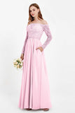 Flowy Chiffon Lace off the shoulder Bridesmaid Dress Long sleeves Formal Evening Party Dresses