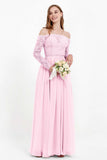 Flowy Chiffon Lace off the shoulder Bridesmaid Dress Long sleeves Formal Evening Party Dresses