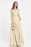 Flowy Chiffon Lace off the shoulder Bridesmaid Dress Long sleeves Formal Evening Party Dresses