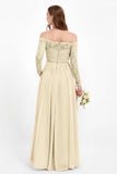 Flowy Chiffon Lace off the shoulder Bridesmaid Dress Long sleeves Formal Evening Party Dresses