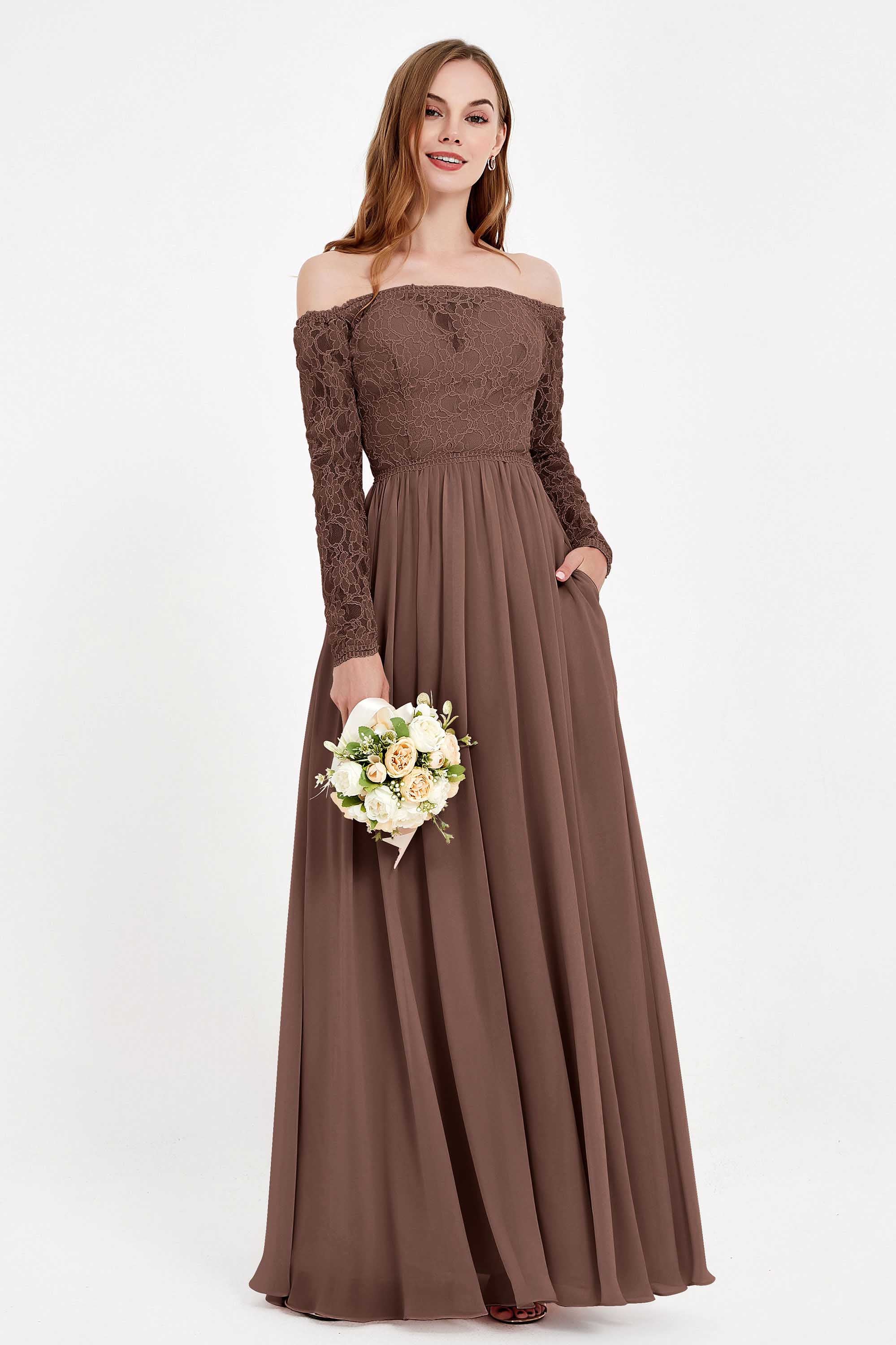 Flowy Chiffon Lace off the shoulder Bridesmaid Dress Long sleeves Formal Evening Party Dresses