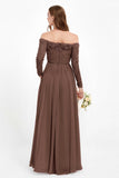 Flowy Chiffon Lace off the shoulder Bridesmaid Dress Long sleeves Formal Evening Party Dresses