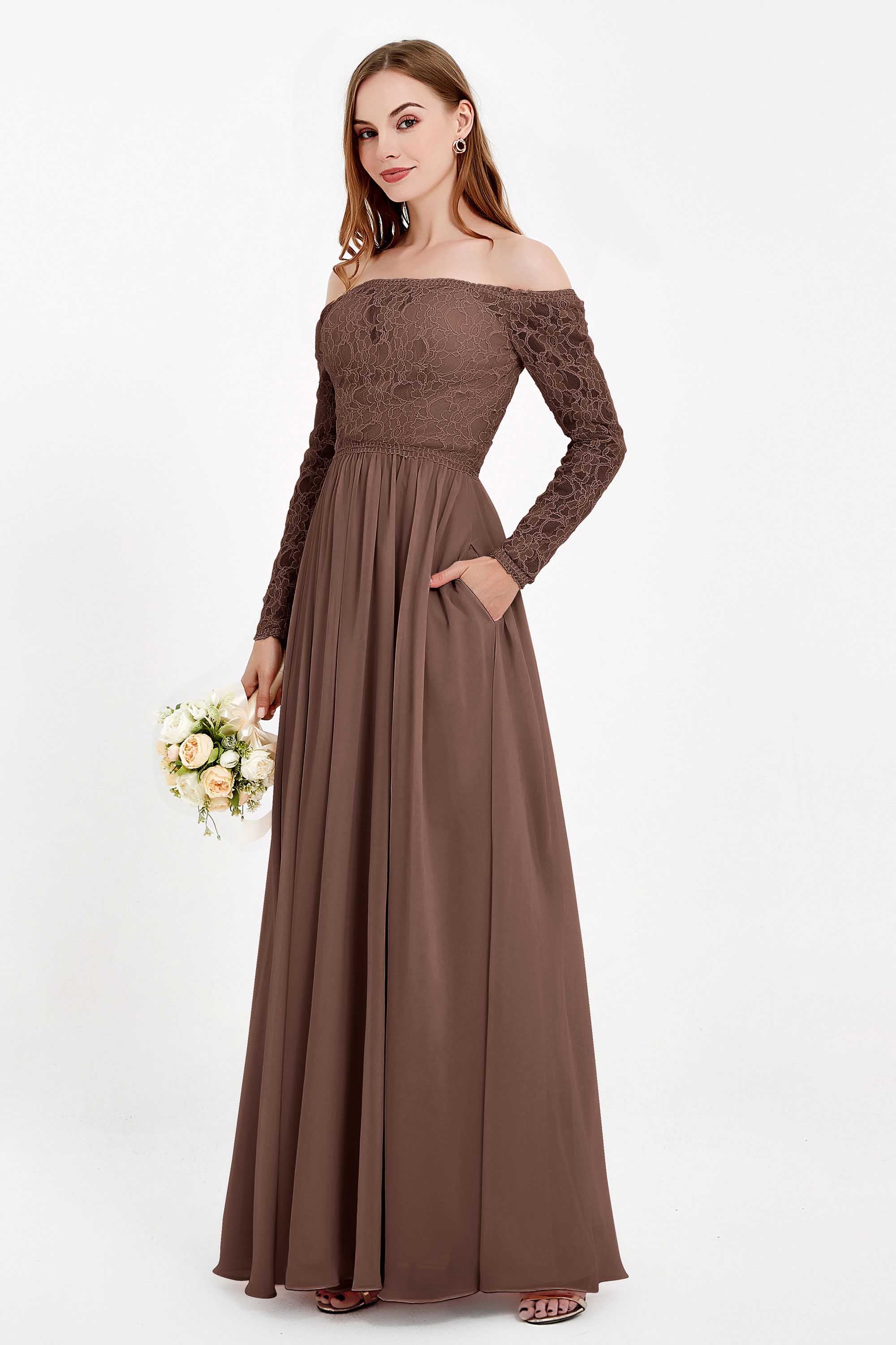 Flowy Chiffon Lace off the shoulder Bridesmaid Dress Long sleeves Formal Evening Party Dresses