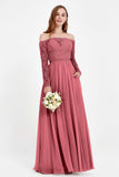 Flowy Chiffon Lace off the shoulder Bridesmaid Dress Long sleeves Formal Evening Party Dresses