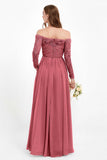 Flowy Chiffon Lace off the shoulder Bridesmaid Dress Long sleeves Formal Evening Party Dresses