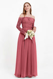 Flowy Chiffon Lace off the shoulder Bridesmaid Dress Long sleeves Formal Evening Party Dresses