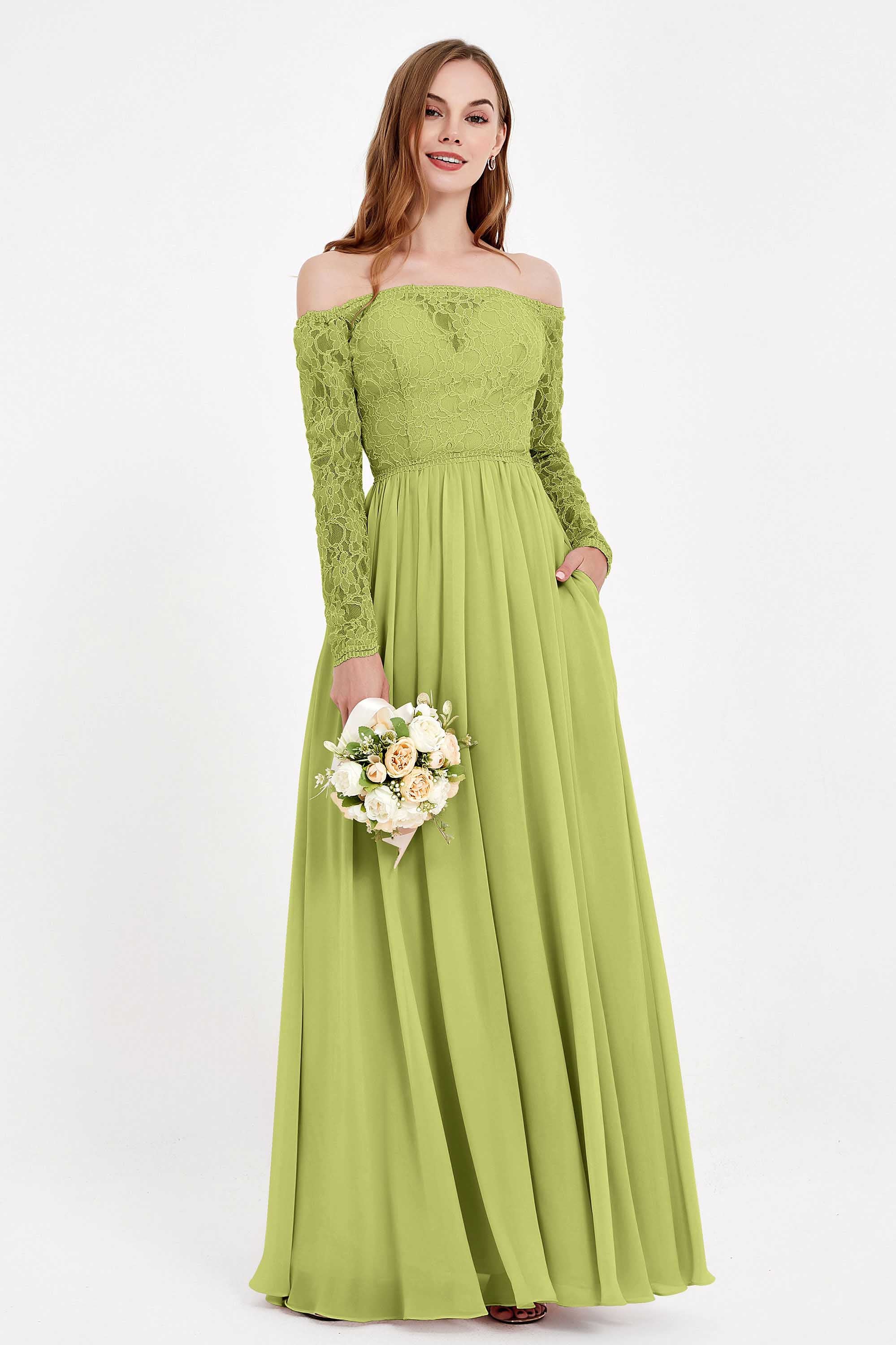 Flowy Chiffon Lace off the shoulder Bridesmaid Dress Long sleeves Formal Evening Party Dresses