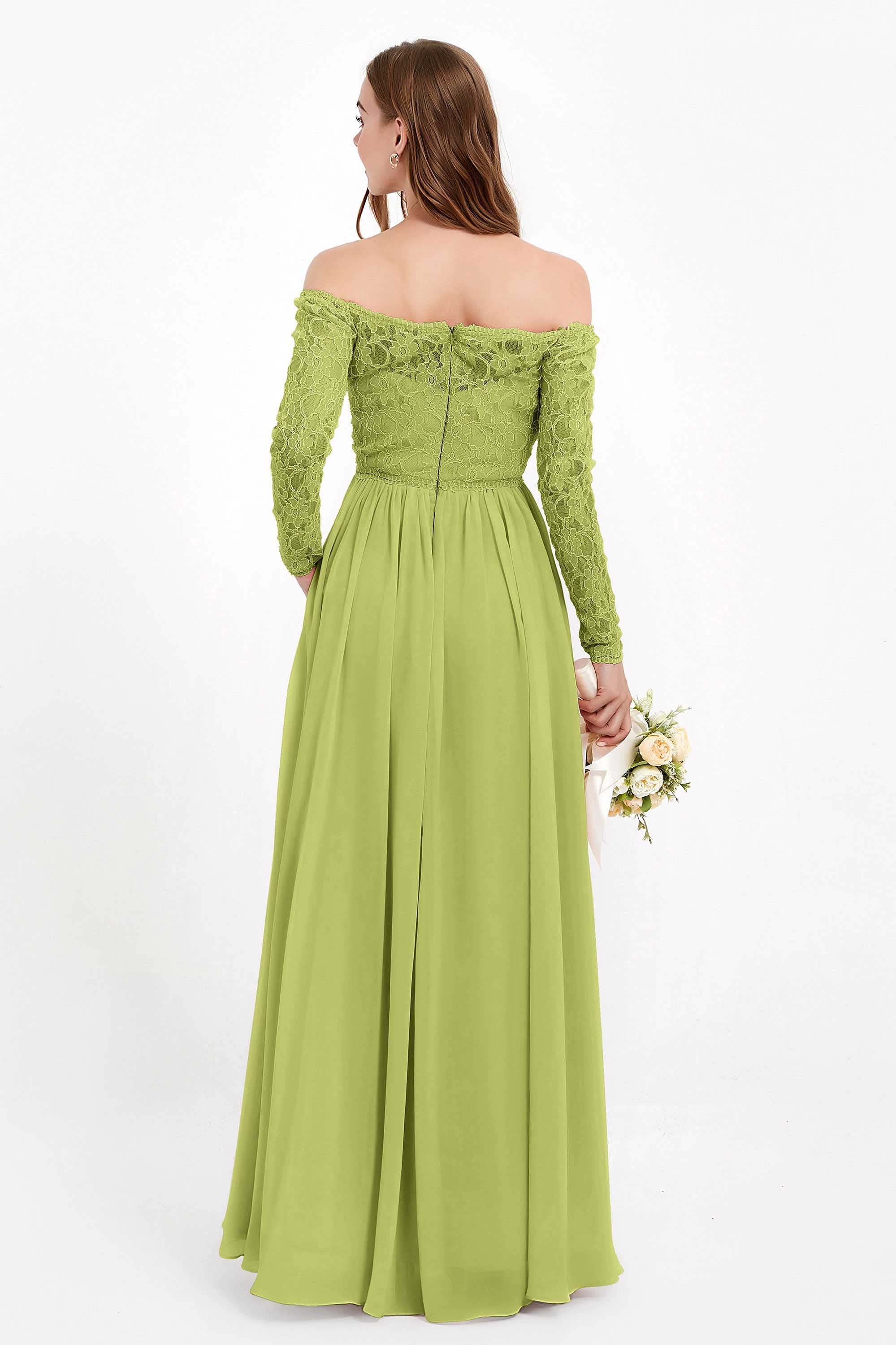 Flowy Chiffon Lace off the shoulder Bridesmaid Dress Long sleeves Formal Evening Party Dresses
