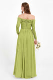 Flowy Chiffon Lace off the shoulder Bridesmaid Dress Long sleeves Formal Evening Party Dresses