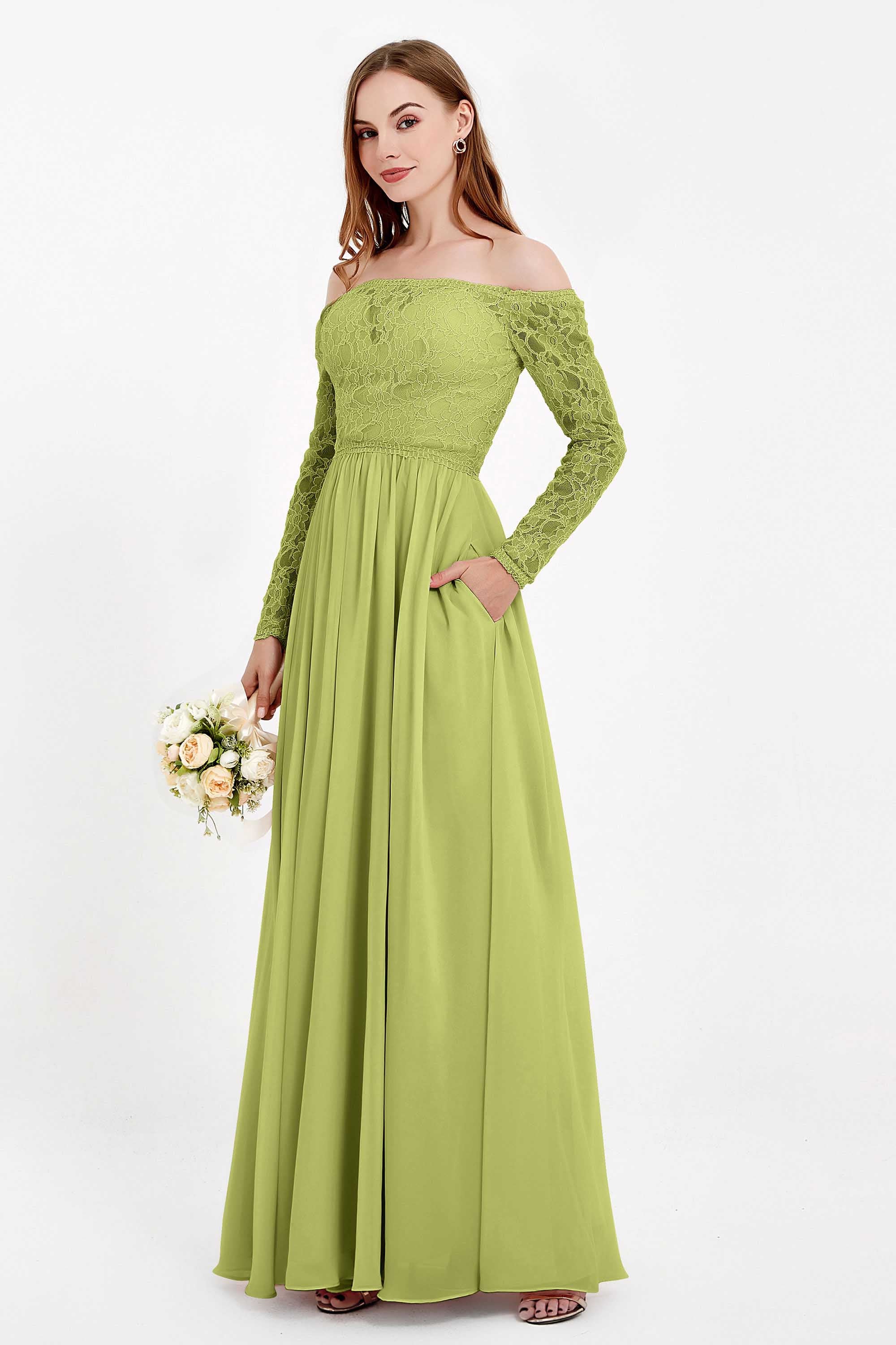 Flowy Chiffon Lace off the shoulder Bridesmaid Dress Long sleeves Formal Evening Party Dresses