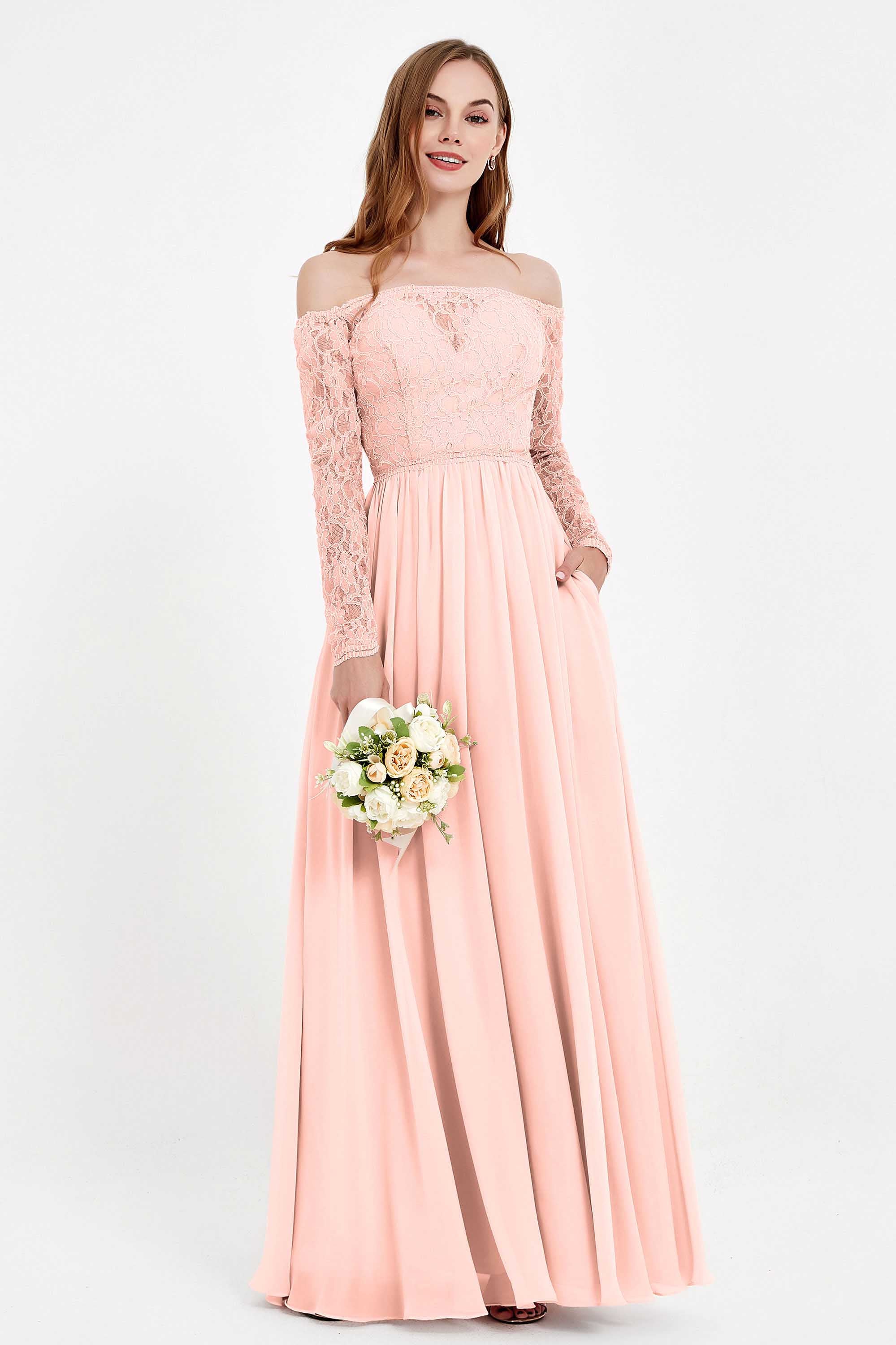 Flowy Chiffon Lace off the shoulder Bridesmaid Dress Long sleeves Formal Evening Party Dresses