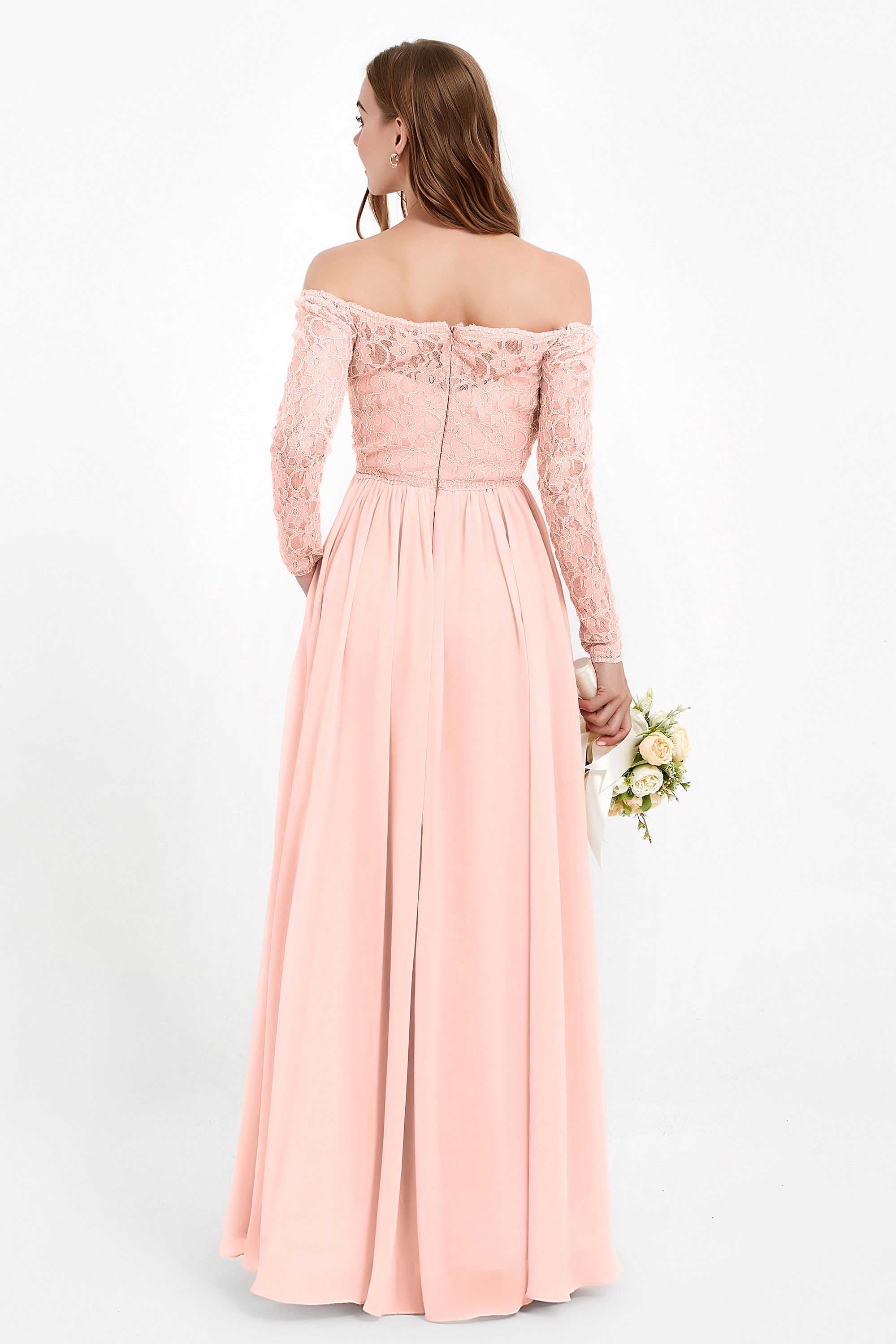 Flowy Chiffon Lace off the shoulder Bridesmaid Dress Long sleeves Formal Evening Party Dresses