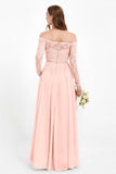 Flowy Chiffon Lace off the shoulder Bridesmaid Dress Long sleeves Formal Evening Party Dresses