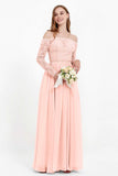 Flowy Chiffon Lace off the shoulder Bridesmaid Dress Long sleeves Formal Evening Party Dresses