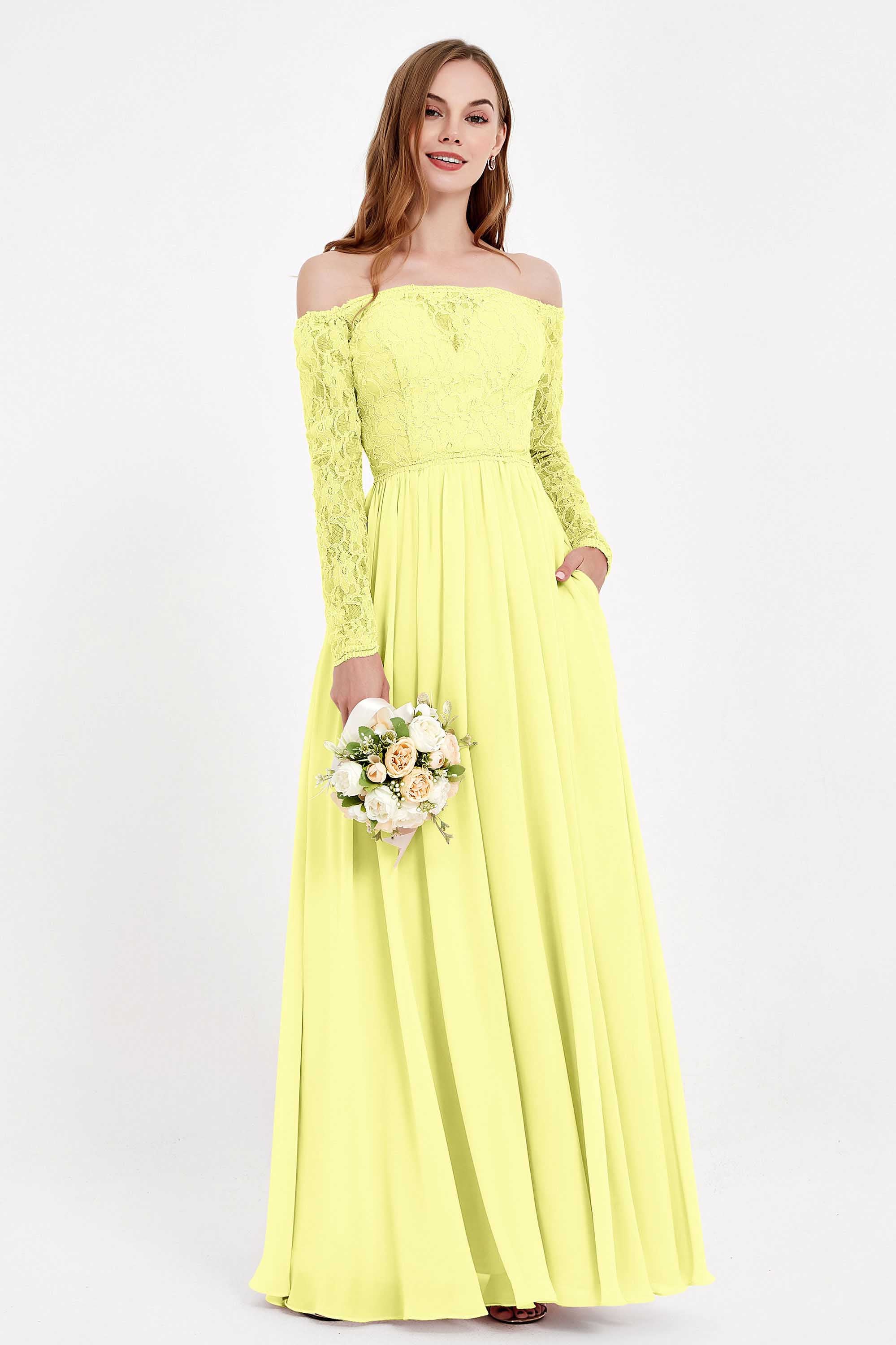 Flowy Chiffon Lace off the shoulder Bridesmaid Dress Long sleeves Formal Evening Party Dresses