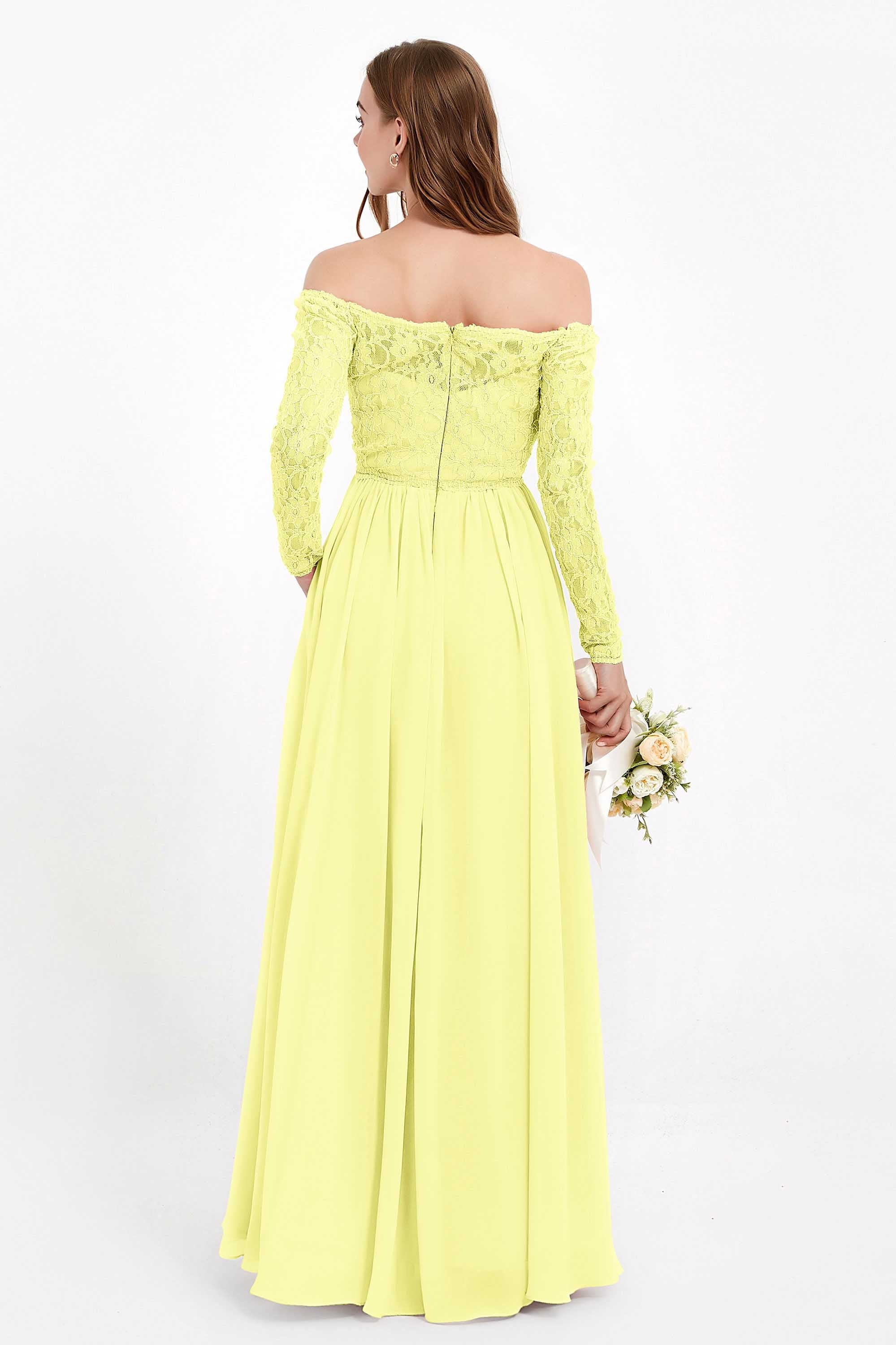 Flowy Chiffon Lace off the shoulder Bridesmaid Dress Long sleeves Formal Evening Party Dresses