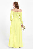Flowy Chiffon Lace off the shoulder Bridesmaid Dress Long sleeves Formal Evening Party Dresses