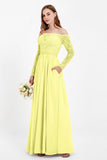 Flowy Chiffon Lace off the shoulder Bridesmaid Dress Long sleeves Formal Evening Party Dresses