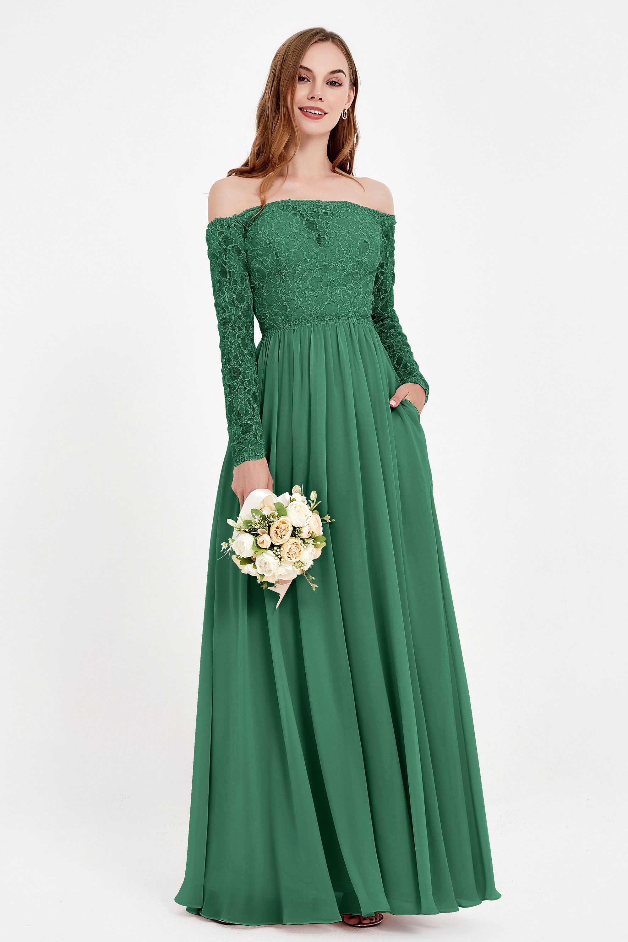 Flowy Chiffon Lace off the shoulder Bridesmaid Dress Long sleeves Formal Evening Party Dresses