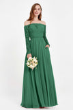Flowy Chiffon Lace off the shoulder Bridesmaid Dress Long sleeves Formal Evening Party Dresses