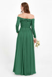 Flowy Chiffon Lace off the shoulder Bridesmaid Dress Long sleeves Formal Evening Party Dresses