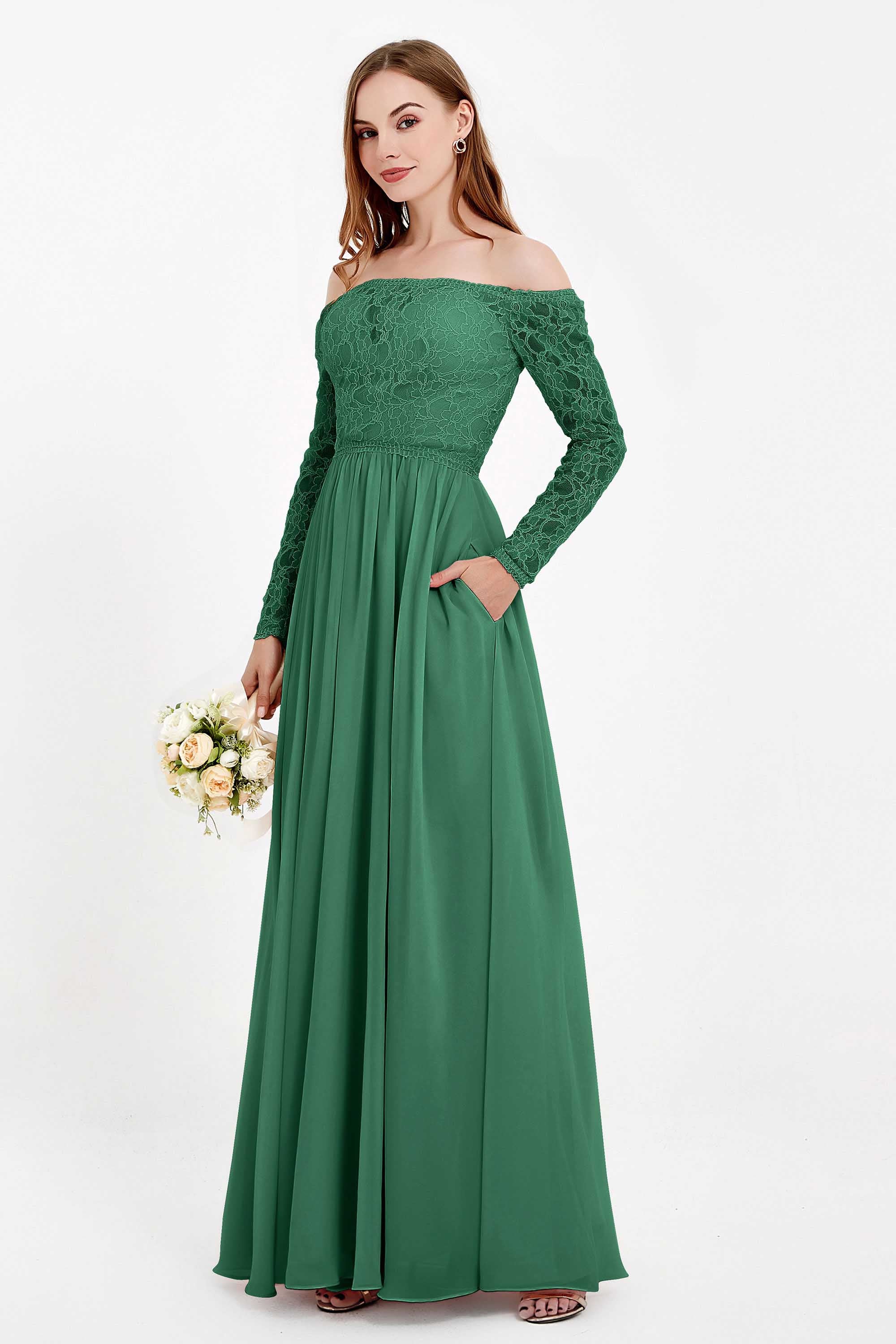 Flowy Chiffon Lace off the shoulder Bridesmaid Dress Long sleeves Formal Evening Party Dresses