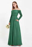 Flowy Chiffon Lace off the shoulder Bridesmaid Dress Long sleeves Formal Evening Party Dresses