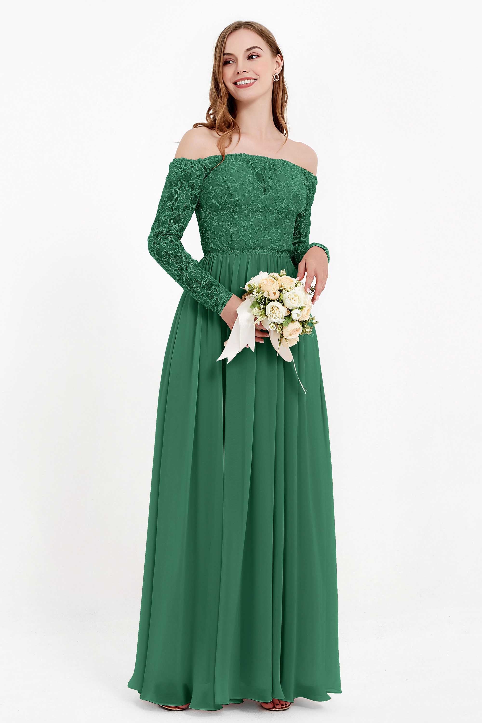 Flowy Chiffon Lace off the shoulder Bridesmaid Dress Long sleeves Formal Evening Party Dresses