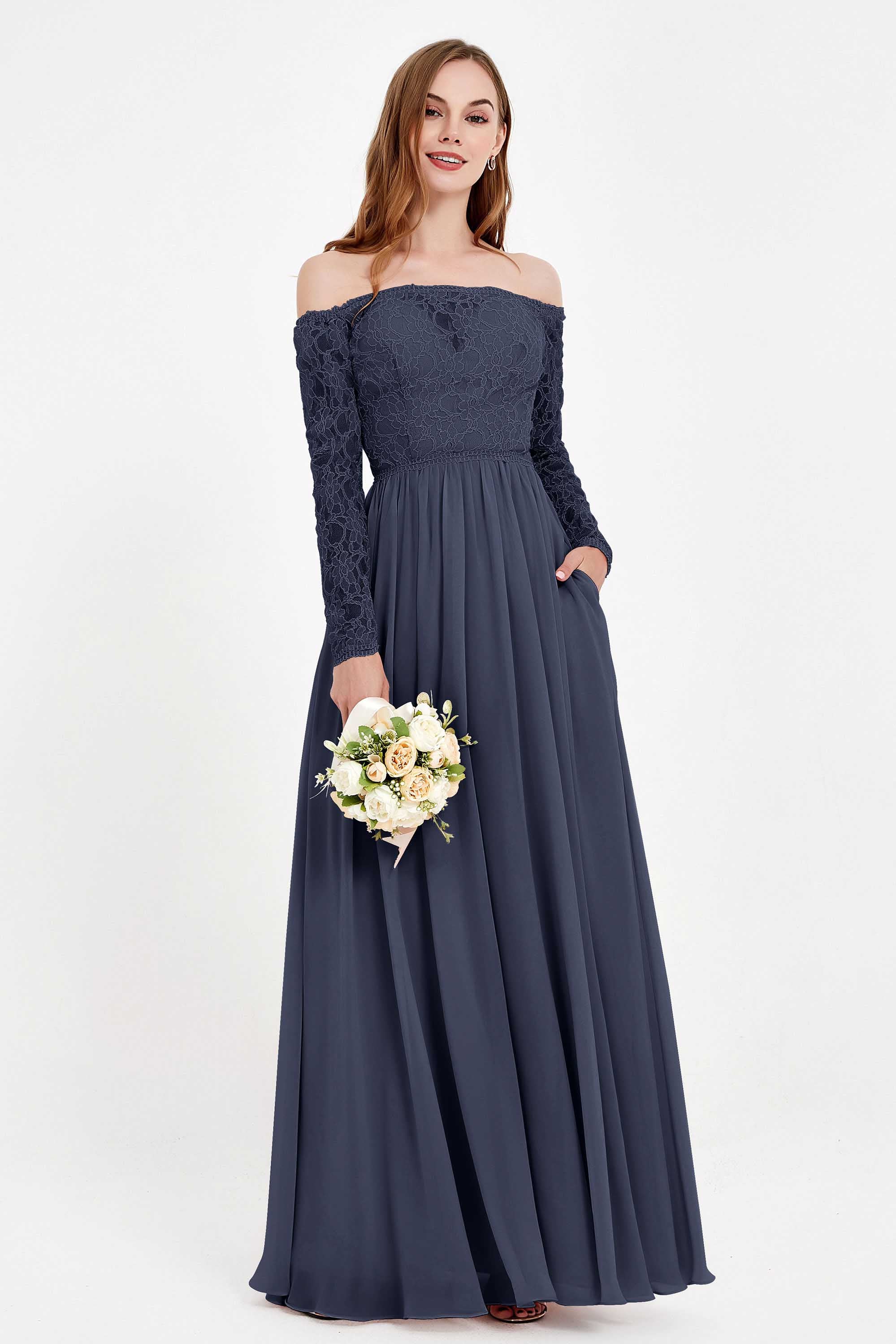 Flowy Chiffon Lace off the shoulder Bridesmaid Dress Long sleeves Formal Evening Party Dresses