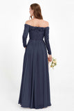 Flowy Chiffon Lace off the shoulder Bridesmaid Dress Long sleeves Formal Evening Party Dresses