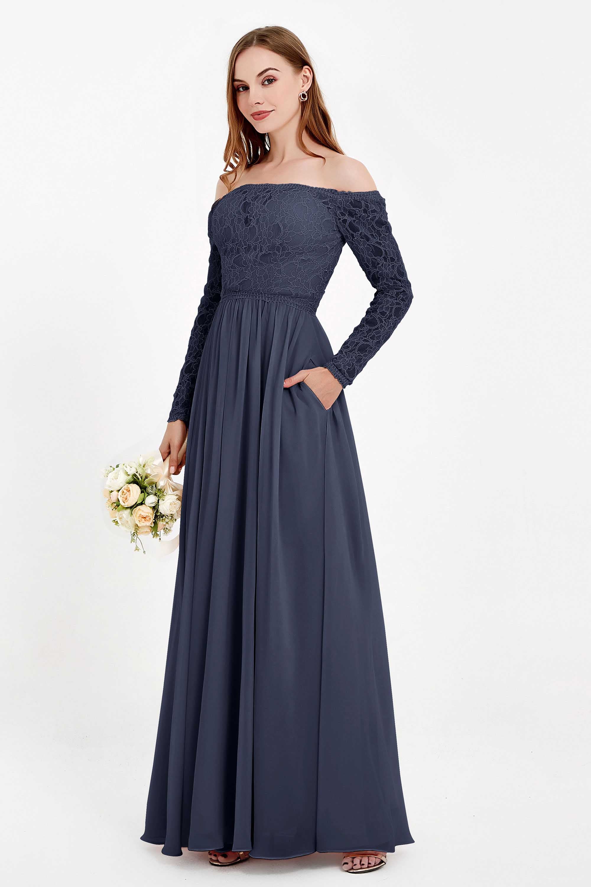 Flowy Chiffon Lace off the shoulder Bridesmaid Dress Long sleeves Formal Evening Party Dresses