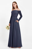 Flowy Chiffon Lace off the shoulder Bridesmaid Dress Long sleeves Formal Evening Party Dresses
