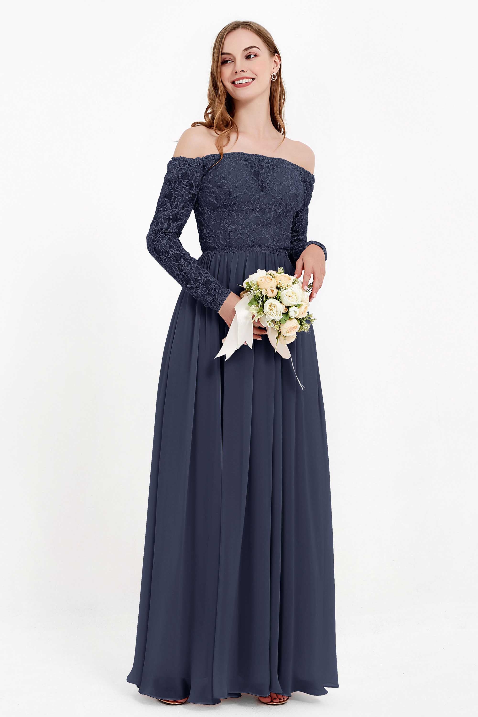 Flowy Chiffon Lace off the shoulder Bridesmaid Dress Long sleeves Formal Evening Party Dresses