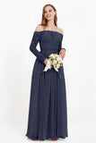 Flowy Chiffon Lace off the shoulder Bridesmaid Dress Long sleeves Formal Evening Party Dresses