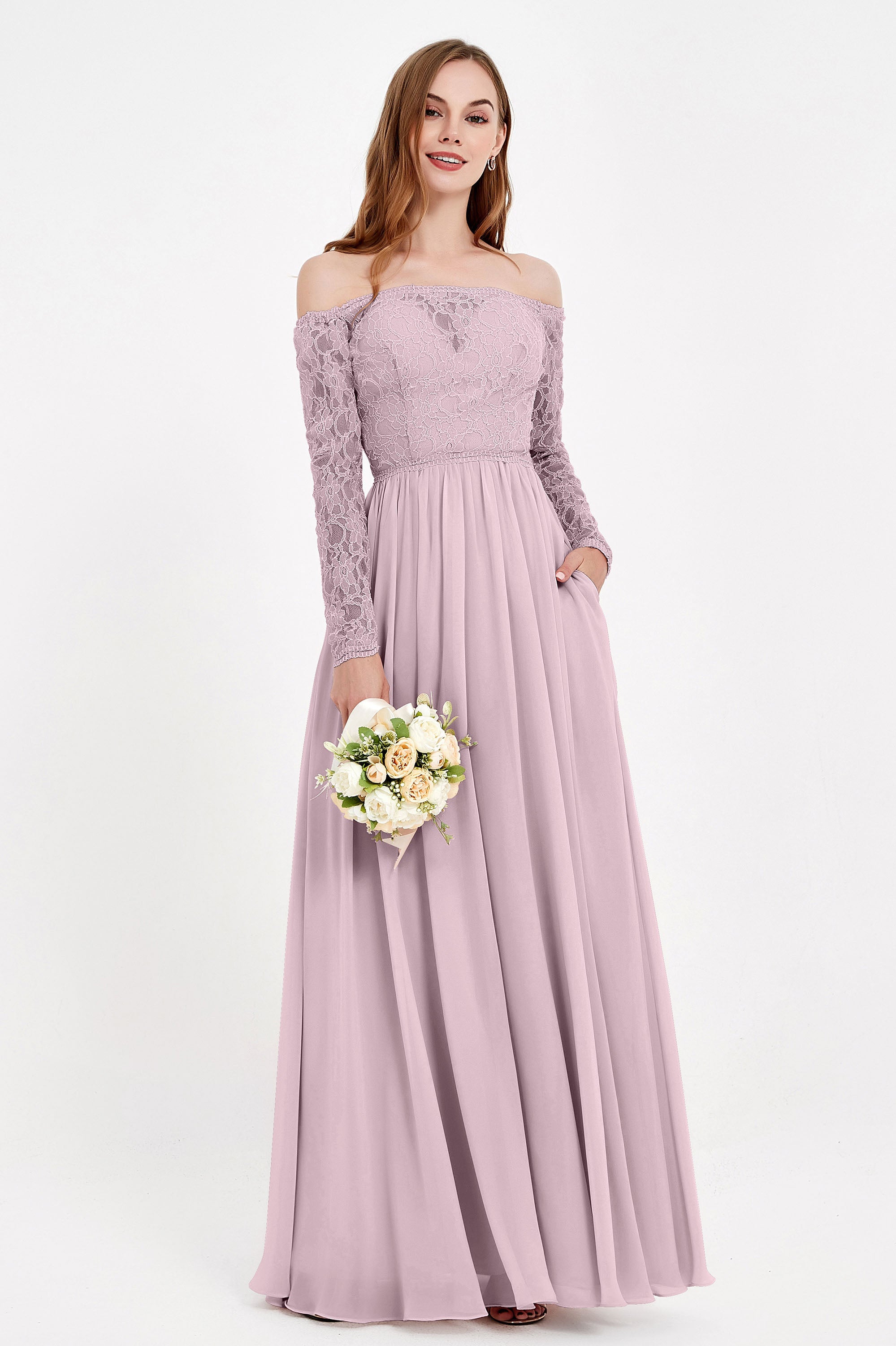 Flowy Chiffon Lace off the shoulder Bridesmaid Dress Long sleeves Formal Evening Party Dresses