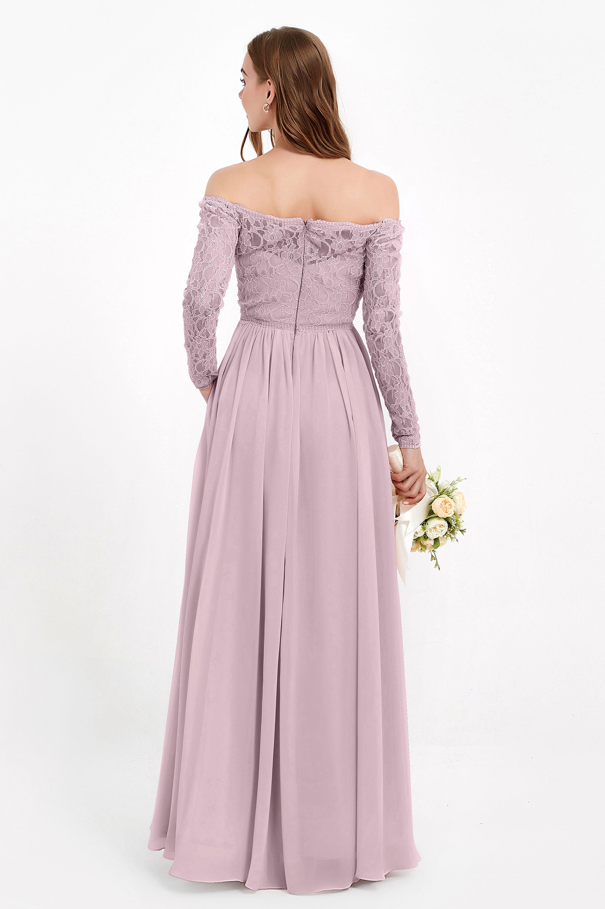 Flowy Chiffon Lace off the shoulder Bridesmaid Dress Long sleeves Formal Evening Party Dresses