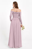 Flowy Chiffon Lace off the shoulder Bridesmaid Dress Long sleeves Formal Evening Party Dresses