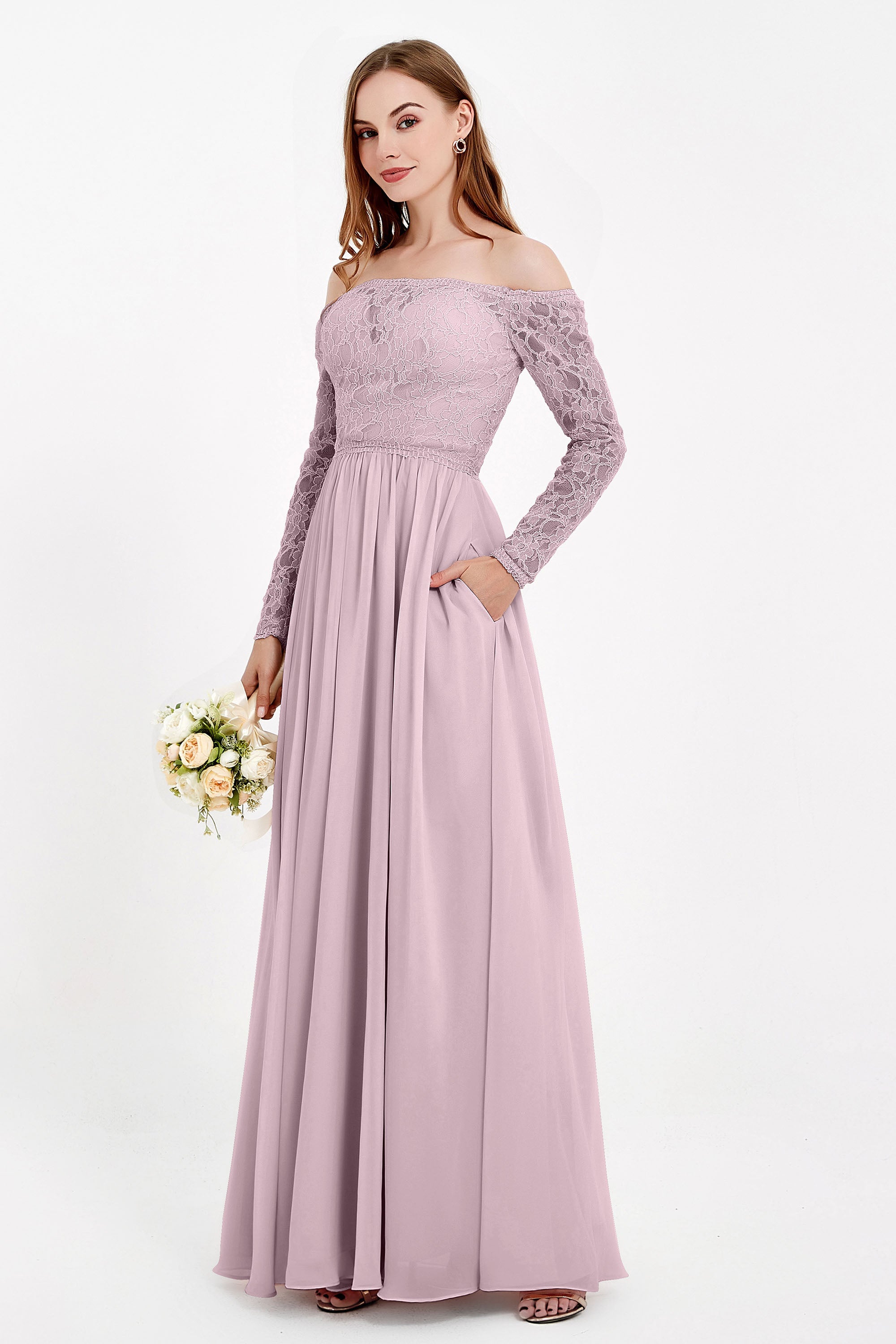 Flowy Chiffon Lace off the shoulder Bridesmaid Dress Long sleeves Formal Evening Party Dresses