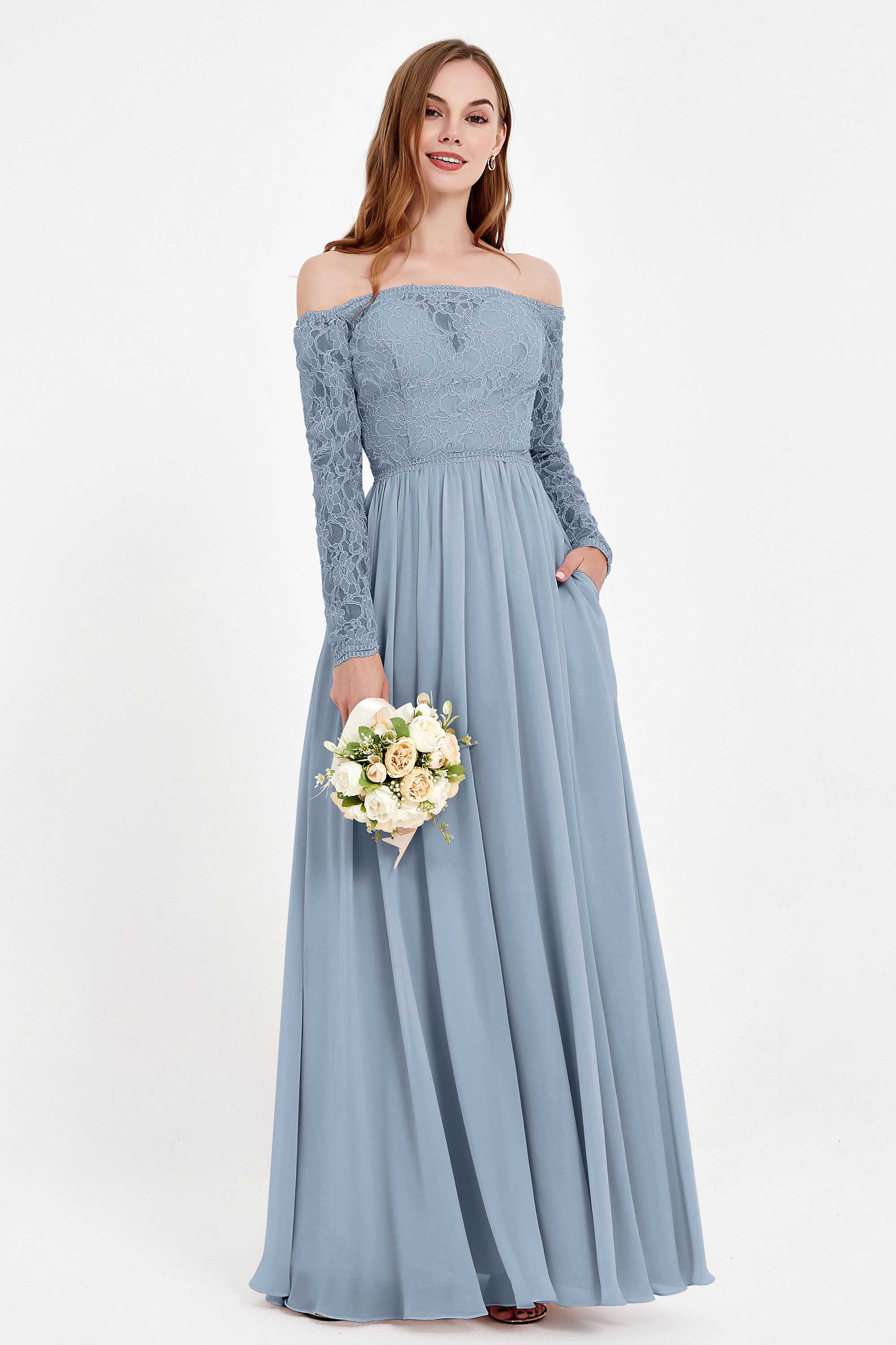 Flowy Chiffon Lace off the shoulder Bridesmaid Dress Long sleeves Formal Evening Party Dresses