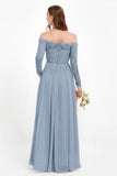 Flowy Chiffon Lace off the shoulder Bridesmaid Dress Long sleeves Formal Evening Party Dresses