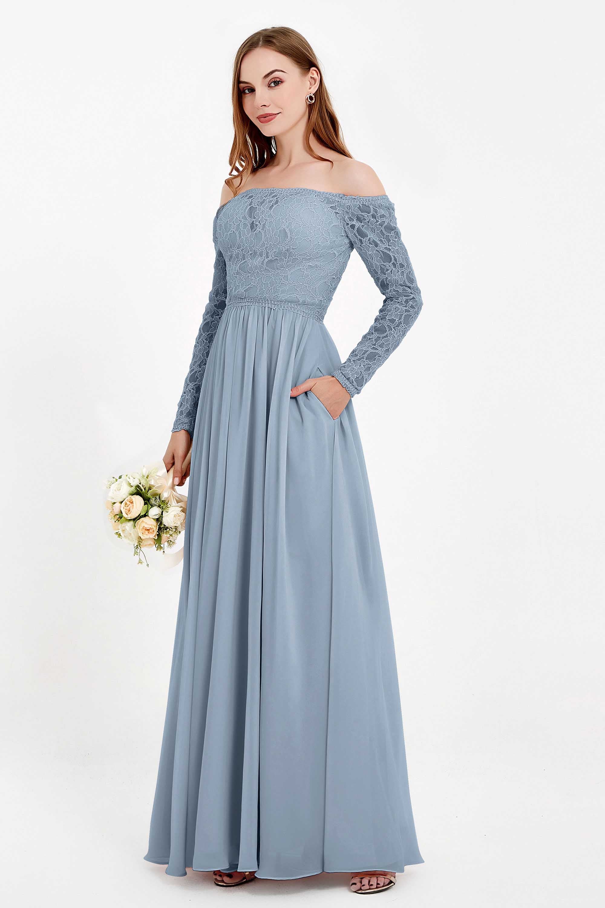 Flowy Chiffon Lace off the shoulder Bridesmaid Dress Long sleeves Formal Evening Party Dresses