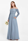 Flowy Chiffon Lace off the shoulder Bridesmaid Dress Long sleeves Formal Evening Party Dresses