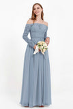 Flowy Chiffon Lace off the shoulder Bridesmaid Dress Long sleeves Formal Evening Party Dresses
