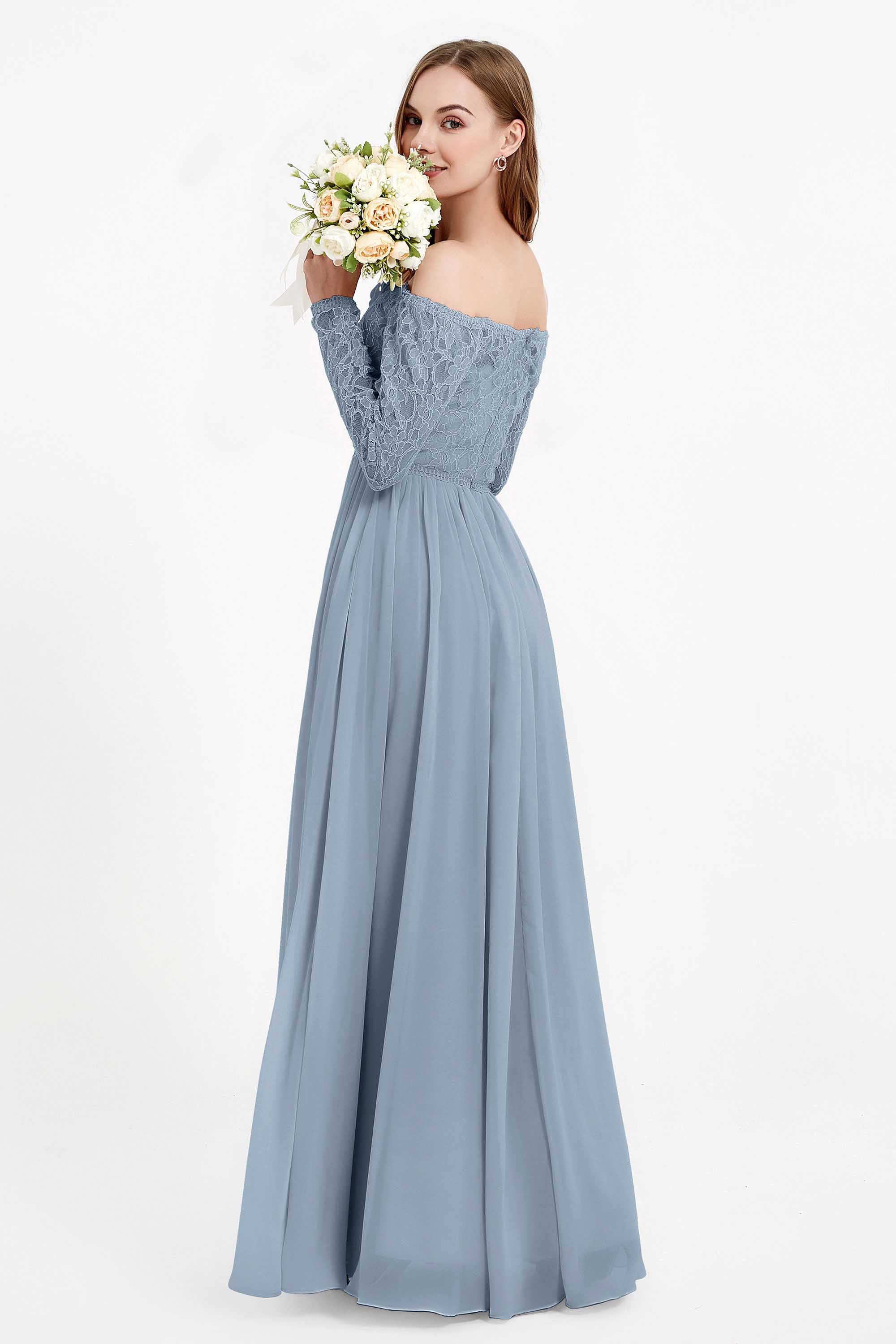 Flowy Chiffon Lace off the shoulder Bridesmaid Dress Long sleeves Formal Evening Party Dresses