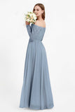 Flowy Chiffon Lace off the shoulder Bridesmaid Dress Long sleeves Formal Evening Party Dresses