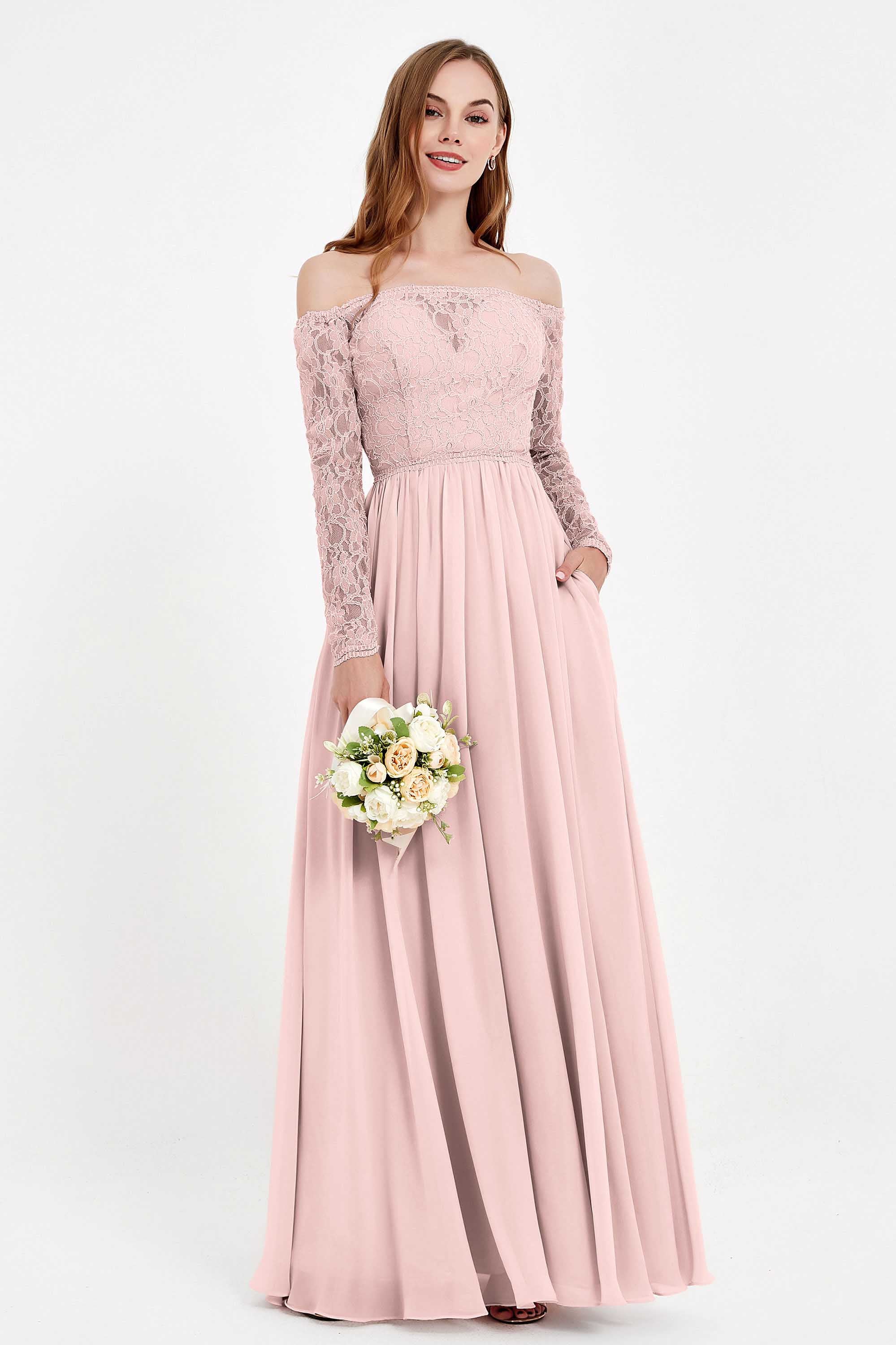 Flowy Chiffon Lace off the shoulder Bridesmaid Dress Long sleeves Formal Evening Party Dresses