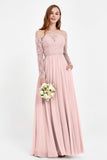 Flowy Chiffon Lace off the shoulder Bridesmaid Dress Long sleeves Formal Evening Party Dresses