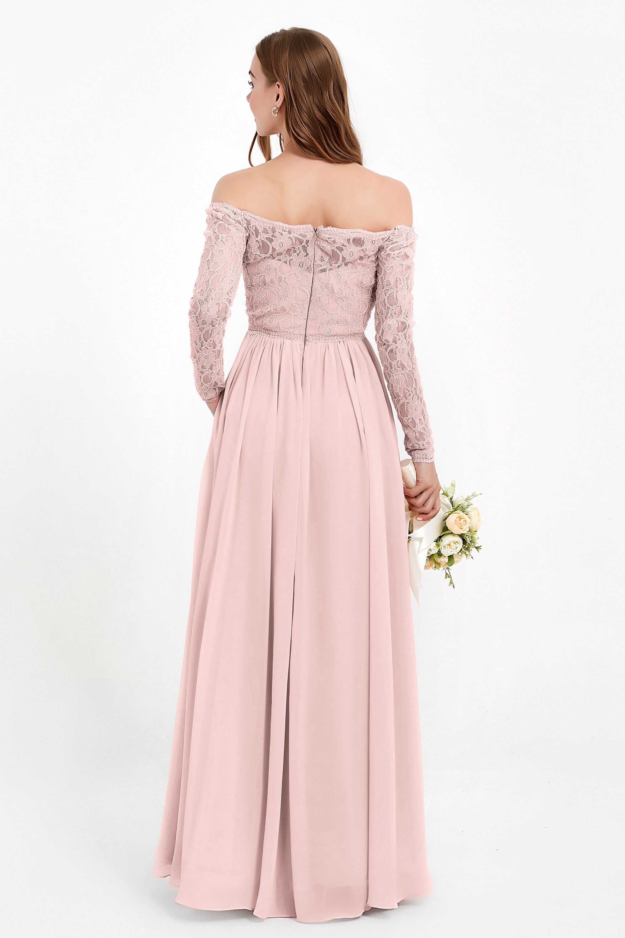 Flowy Chiffon Lace off the shoulder Bridesmaid Dress Long sleeves Formal Evening Party Dresses